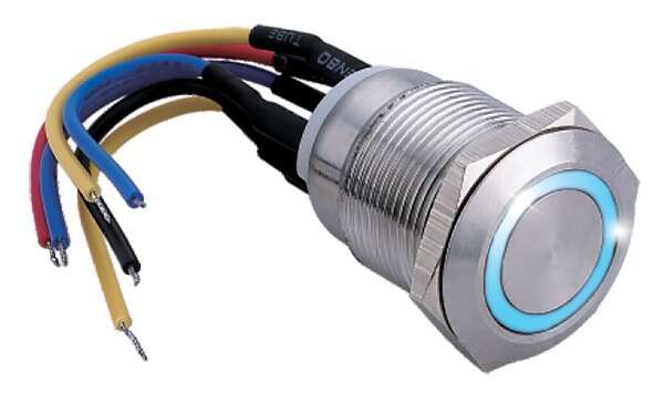 Bouton poussoir lumineux bleu acier raccordement fil soudés